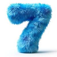 AI generated A vivid blue, furry textured number 7 stands isolated against a pristine white backdrop photo