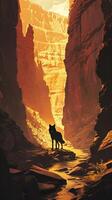 AI generated A lone wolf stands amidst a breathtaking canyon, bathed in the warm glow of sunlight filtering through the towering rocky cliffs. photo