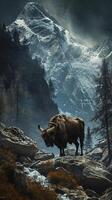 AI generated A solitary yak stands before a towering snow-capped mountain, surrounded by the tranquil beauty of wilderness. photo