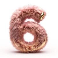 AI generated a soft, fluffy pink fur that forms the number six with a shiny gold element attached, isolated on a clean white background. The fur is dense and has varying shades of pink photo