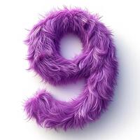 AI generated A unique number nine, displayed in bold, vibrant purple fur texture. It stands out brilliantly against a pristine white background. photo