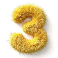 AI generated A yellow, furry number three with a soft texture is displayed against a white background. photo