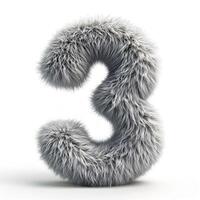 AI generated A unique representation of the number three covered in grey fur, showcasing a soft texture and visual appeal, isolated against a pristine white backdrop photo