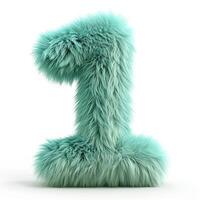 AI generated A vibrant teal, furry textured number one stands prominently against a pristine white backdrop, showcasing a soft, plush appearance. photo