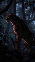 AI generated A majestic cheetah is silhouetted by moonlight, its spots and outline glowing amidst the dark, mysterious forest atmosphere. photo