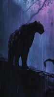 AI generated A solitary panther stands amidst a heavy downpour, silhouetted against an eerie, dark forest backdrop. photo