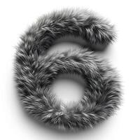 AI generated a furry number 6, characterized by a realistic texture, set against a pristine white backdrop. The fur appears soft and fluffy with various shades of grey photo