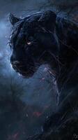 AI generated A captivating image capturing a black panther intense gaze, surrounded by the dark and mysterious aura of an eerie forest, showcasing nature untamed and raw beauty. photo