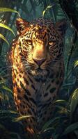 AI generated Majestic leopard with piercing eyes surrounded by lush greenery, its spotted fur illuminated by the ethereal golden light. photo