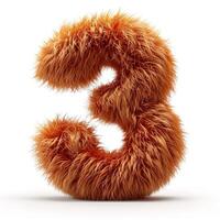 AI generated A vibrant, furry orange number three displayed against a pristine white backdrop photo