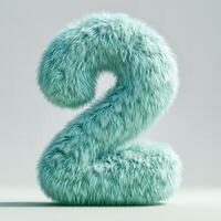 AI generated a digit two covered in a teal-colored, furry texture. The fur appears soft and fluffy with varying shades of teal. The number is set against a light grey background photo