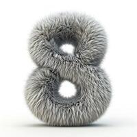 AI generated A unique image showcasing a number 8 covered in grey fur texture, prominently displayed against a pure white backdrop. photo