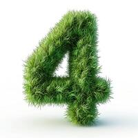 AI generated A unique number 4 covered in bright green grass, showcasing a vivid and lush texture. Perfectly isolated against a clean white backdrop for clarity. photo