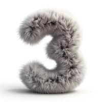 AI generated A unique image showcasing a grey, fluffy textured number three isolated against a pristine white backdrop. photo