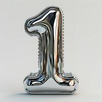 AI generated A metallic, reflective balloon shaped as the number 1. It gleams against a stark white backdrop, showcasing intricate details and curves photo