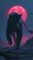 AI generated A majestic black panther moves stealthily against a backdrop of an ominous red moon, surrounded by a dark, enigmatic and mystical atmosphere. photo