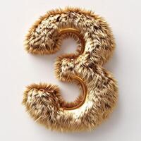 AI generated A unique golden number 3 with a rich, furry texture is prominently displayed against a pristine white backdrop. photo