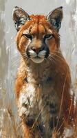 AI generated A beautifully detailed artwork capturing an intense gaze of a cougar, surrounded by tall golden grass, showcasing nature's raw elegance and the animal's grace. photo