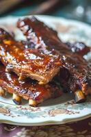 AI generated Tender Temptation Close-Up of Succulent BBQ Ribs in Alabama White Sauce photo