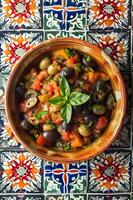 AI generated Sicilian Culinary Charm A Beautiful Dish with Authentic Tile Accent photo