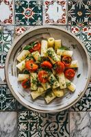 AI generated Sicilian Culinary Charm A Beautiful Dish with Authentic Tile Accent photo