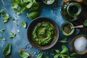 AI generated Green Elegance Pesto Sauce in Folk Pattern Background photo