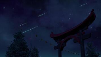 anime style night background, seamless loop falling star, with red torii gates, waving tree and pennant flag video