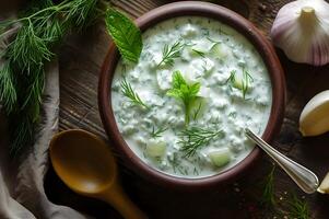 AI generated Greek Yogurt Bliss Tzatziki Sauce in Folk Pattern Background photo