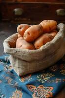 AI generated Rustic Charm Sweet Potatoes in Burlap Sack on Folk Kitchen Table photo