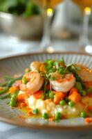AI generated Gourmet Harmony Shrimp and Grits Paired with Fresh Spring Vegetables photo