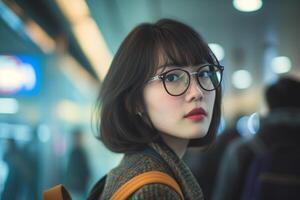 AI generated A lady with fashionable bob hairstyle and glasses walking through the airport photo