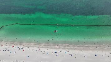 sunbathers white sand beach shark net pontoon coogee beach perth australia aerlia 4k video
