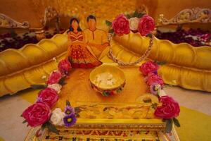 A decorated stage for Haldi ceremony photo