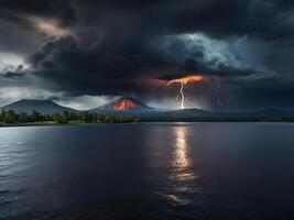 ai generado un tormenta terminado un lago con un oscuro cielo y un volcán en el antecedentes. gratis descargar foto