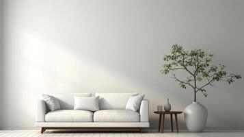 AI generated A living room with white walls and hardwood flooring, including a large green plant. Concept of minimalist design. Created with Generative AI photo