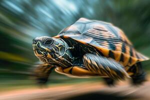 ai generado un Tortuga es corriendo en un la carretera con borroso antecedentes foto