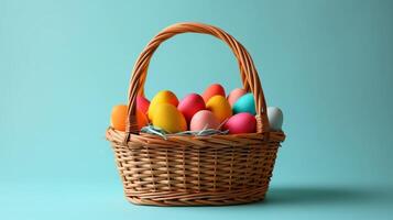 AI generated colorful easter eggs in a basket on a blue background photo