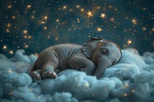 ai generado un bebé elefante dormido en parte superior de nubes en el noche cielo foto