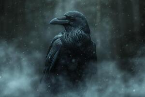 AI generated a raven stands in the snow with its head down photo