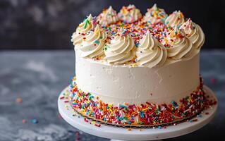 AI generated Vanilla Elegance Unleashed. A Birthday Cake of Exquisite Delight. photo