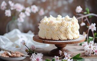 AI generated Vanilla Elegance Unleashed. A Birthday Cake of Exquisite Delight. photo