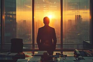 AI generated Businessman Contemplating Cityscape from High-rise Building photo