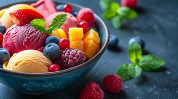 ai generado vistoso Fruta sorbetes con Fresco bayas y menta foto