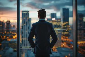 AI generated Businessman Contemplating Cityscape from High-rise Building photo