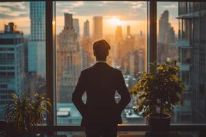 AI generated Businessman Contemplating Cityscape from High-rise Building photo