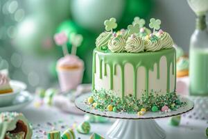 AI generated St. Patrick's Day Themed Cake and Desserts with Festive Decorations photo