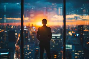 AI generated Businessman Contemplating Cityscape from High-rise Building photo