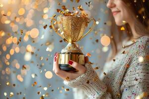 ai generado mujer sonriente con espumoso trofeo y papel picado foto