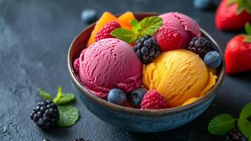 AI generated Colorful Fruit Sorbets with Fresh Berries and Mint photo