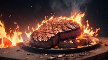 AI generated a large steak is being cooked on a plate photo